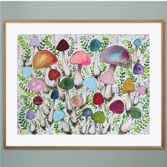Fine Art by Aren Dummer Other - Retro Mushroom Garden Giclée Fine Art Print of Original Oil Painting Boho Decor